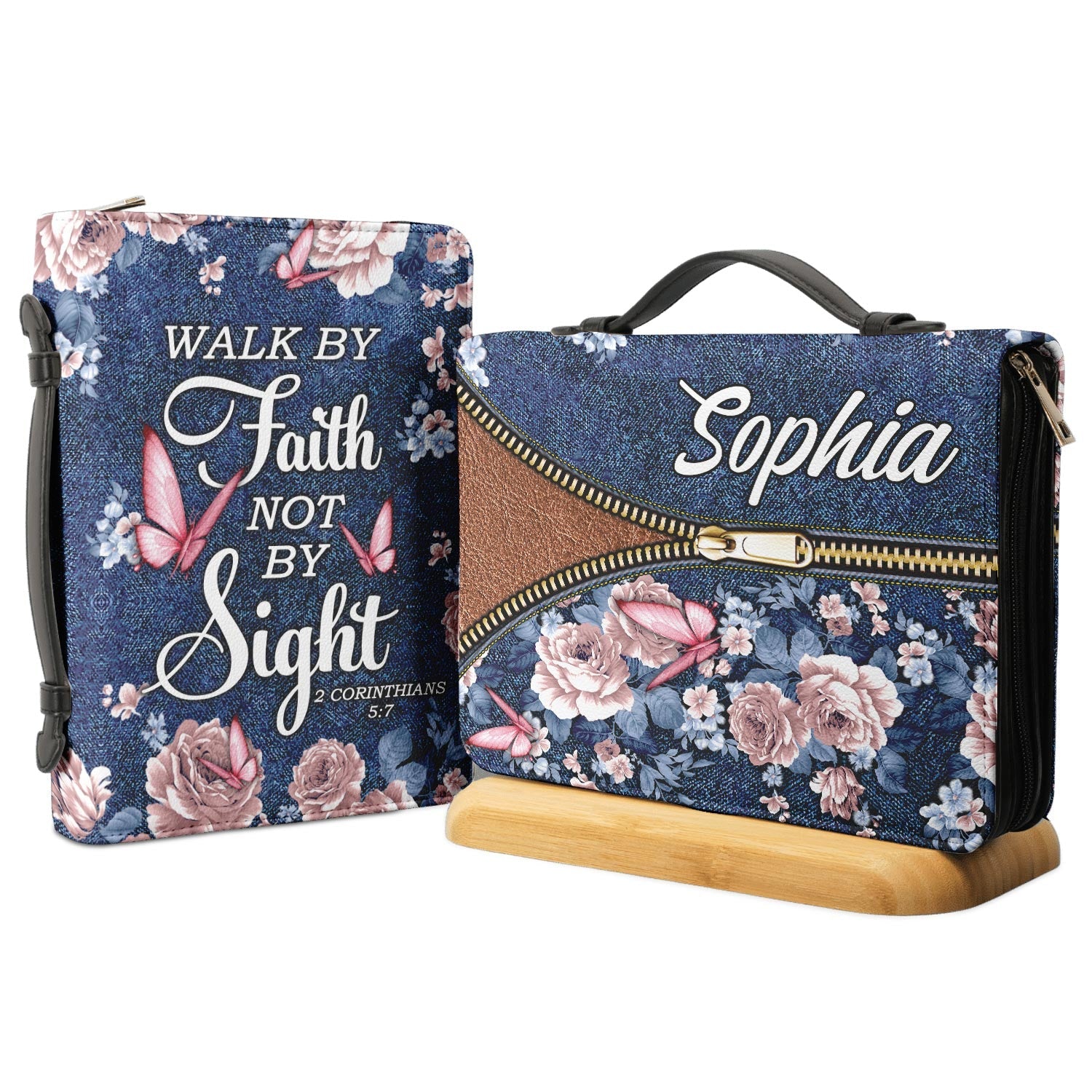 Walk By Faith Not By Sight 2 Corinthians 5 7 Butterfly Denim Style Personalized Bible Cover - Inspirational Bible Covers For Women