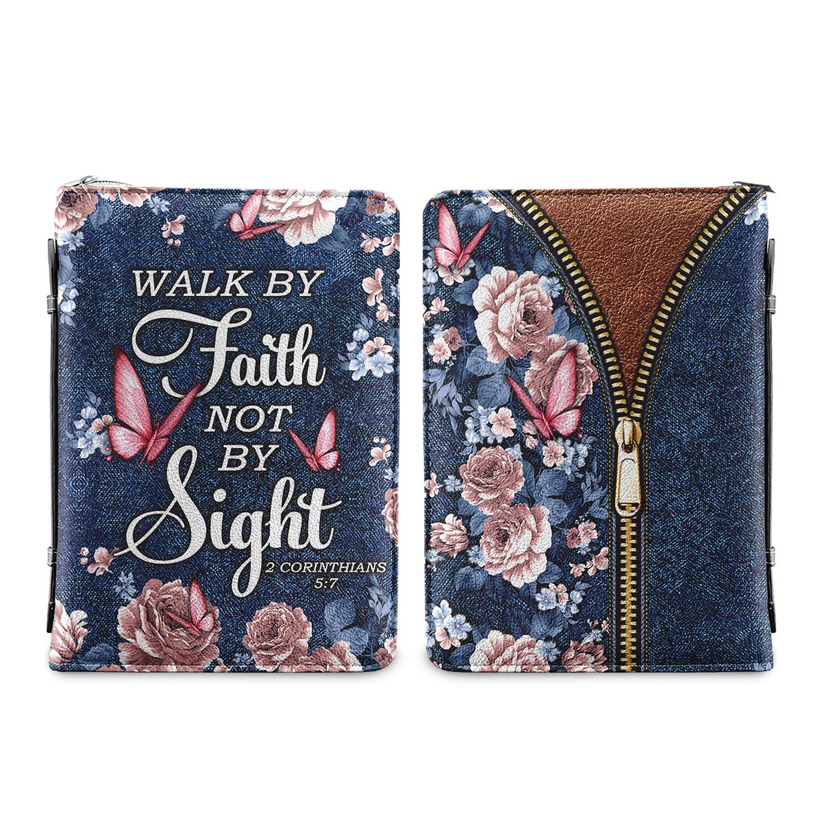 Walk By Faith Not By Sight 2 Corinthians 5 7 Butterfly Denim Style Personalized Bible Cover - Inspirational Bible Covers For Women