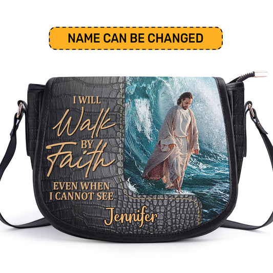 Walk By Faith Personalized Leather Saddle Bag - Christian Women's Handbag Gifts