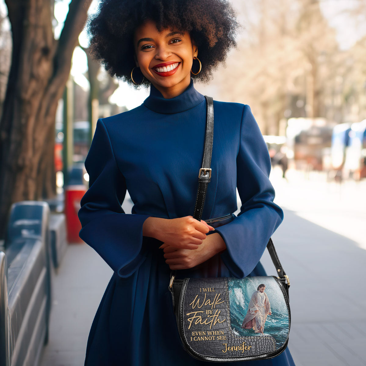 Walk By Faith Personalized Leather Saddle Bag - Christian Women's Handbag Gifts