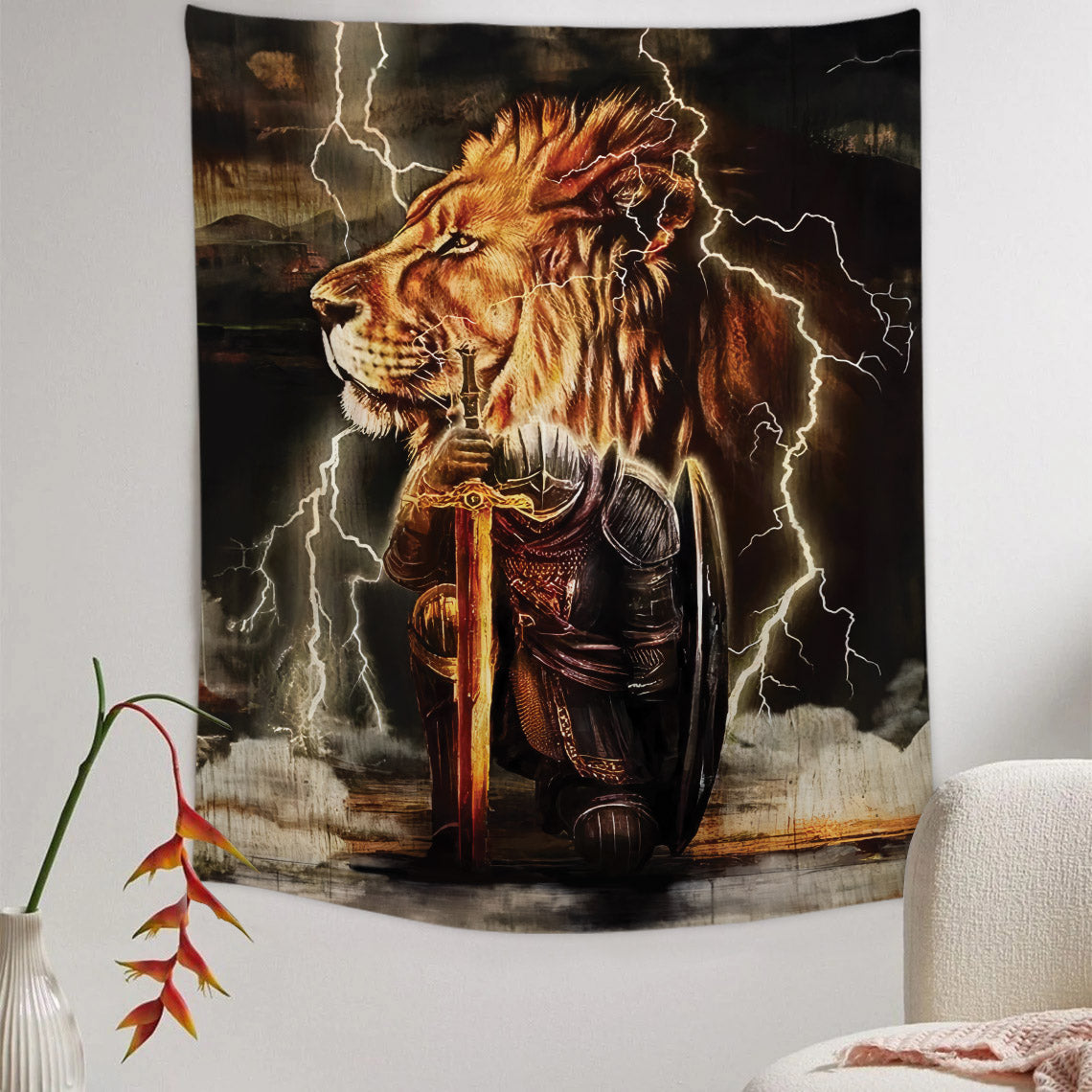 Warrior And Lion Of Judah Tapestry - Christian Tapestry - Bible Verse Tapestry