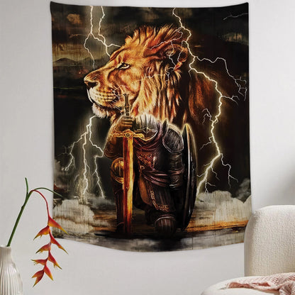 Warrior And Lion Of Judah Tapestry - Christian Tapestry - Bible Verse Tapestry