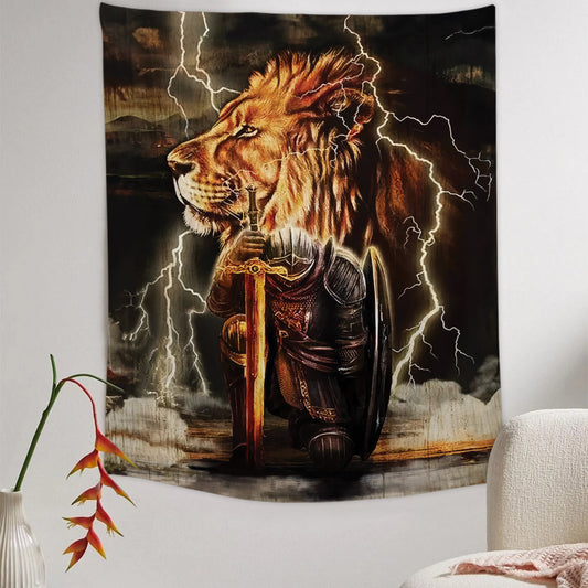 Warrior And Lion Of Judah Tapestry - Christian Tapestry - Bible Verse Tapestry