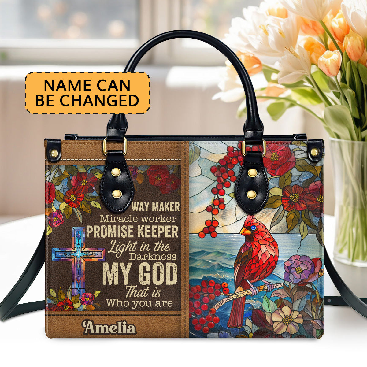 Way Maker Heart Cross Hummingbird Personalized Leather Handbag - Jesus Handbag