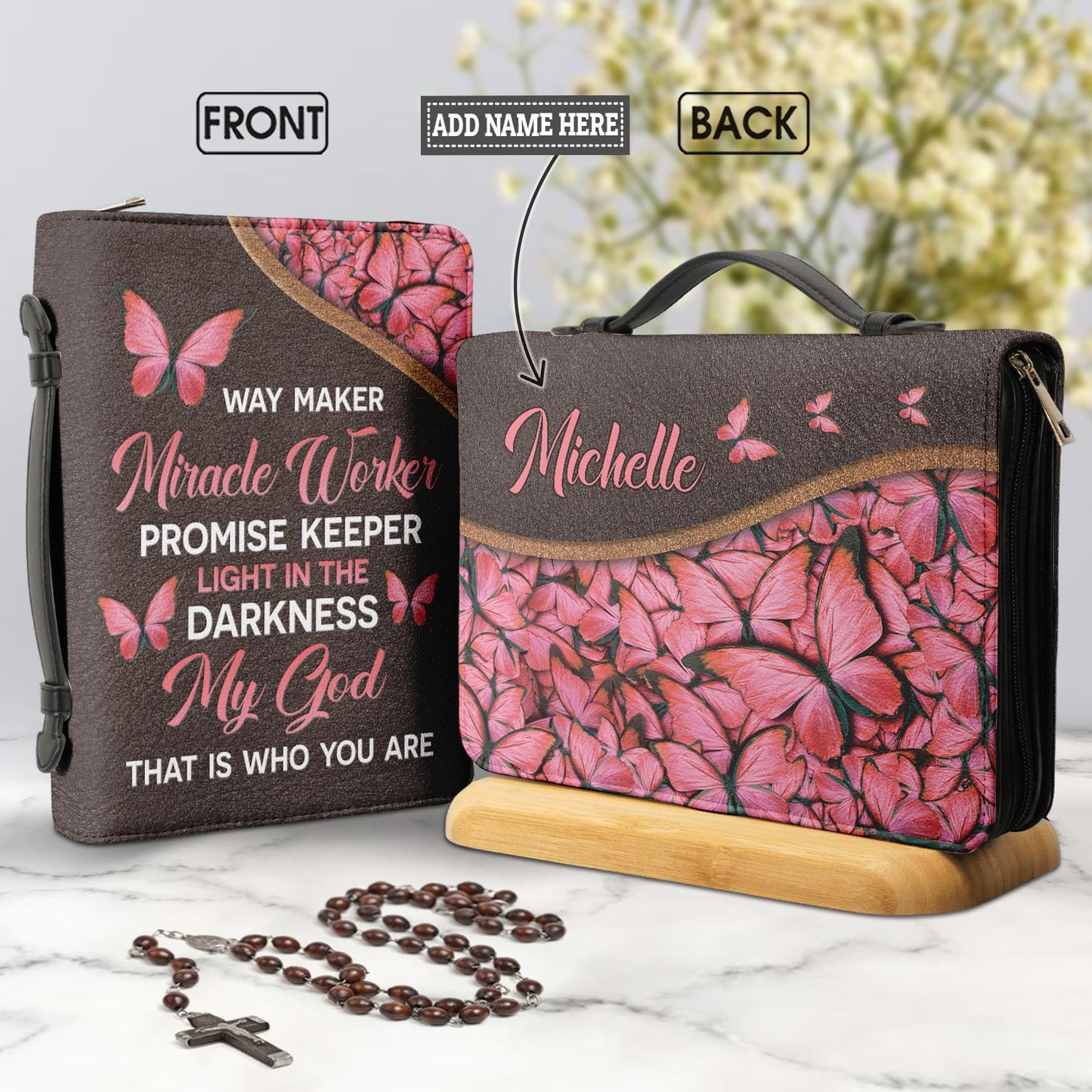 Way Maker Miracle Worker Butterfly Leather Style Personalized Bible Cover - Inspirational Bible Covers For Women