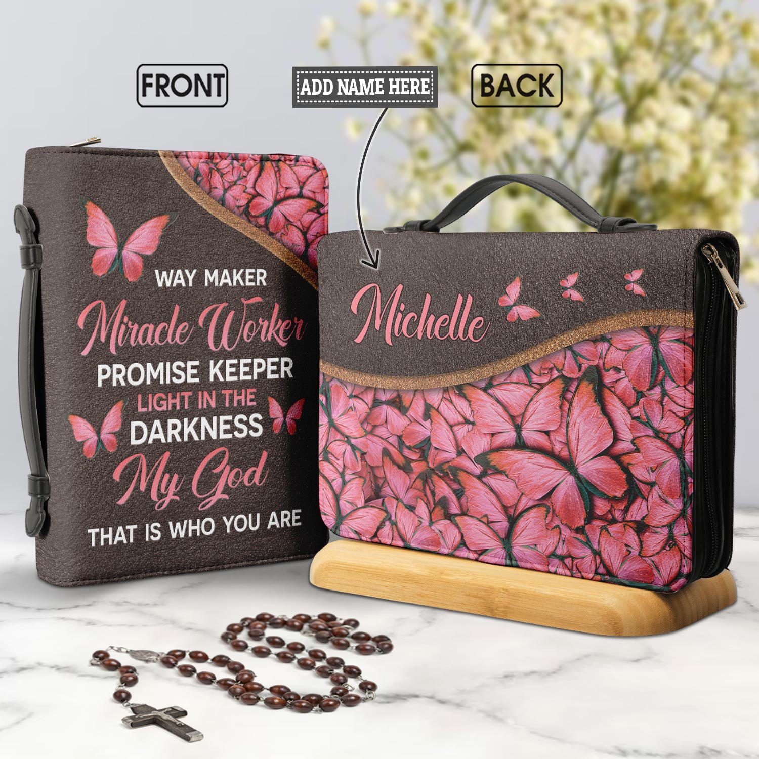 Way Maker Miracle Worker Butterfly Leather Style Personalized Bible Cover - Inspirational Bible Covers For Women
