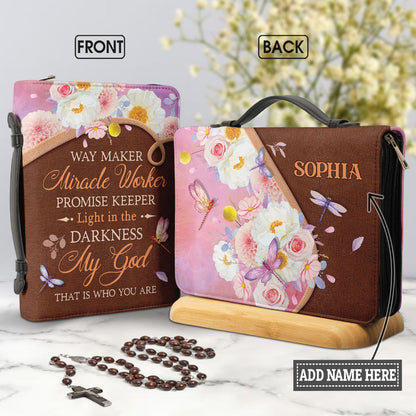 Way Maker Miracle Worker Dragonfly Flower Leather Style Personalized Bible Cover - Inspirational Bible Covers For Women