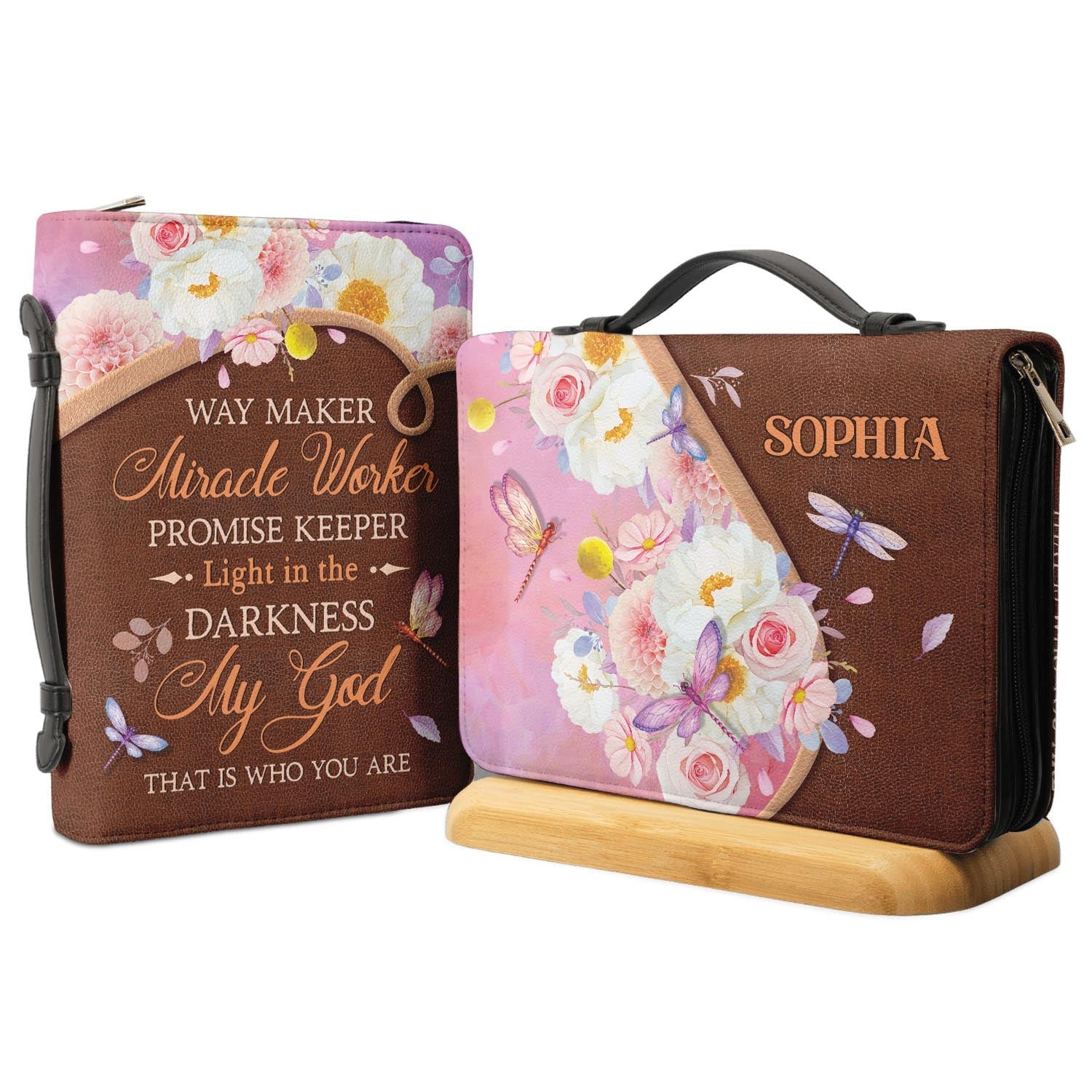 Way Maker Miracle Worker Dragonfly Flower Leather Style Personalized Bible Cover - Inspirational Bible Covers For Women