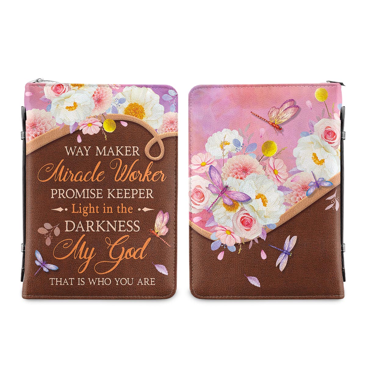 Way Maker Miracle Worker Dragonfly Flower Leather Style Personalized Bible Cover - Inspirational Bible Covers For Women