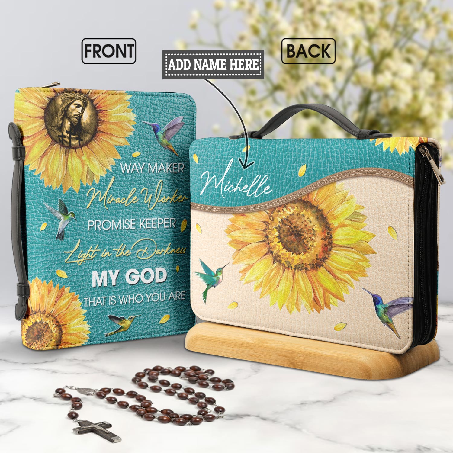 Way Maker Miracle Worker Hummingbird Sunflower Personalized Bible Cover - Inspirational Bible Covers For Women
