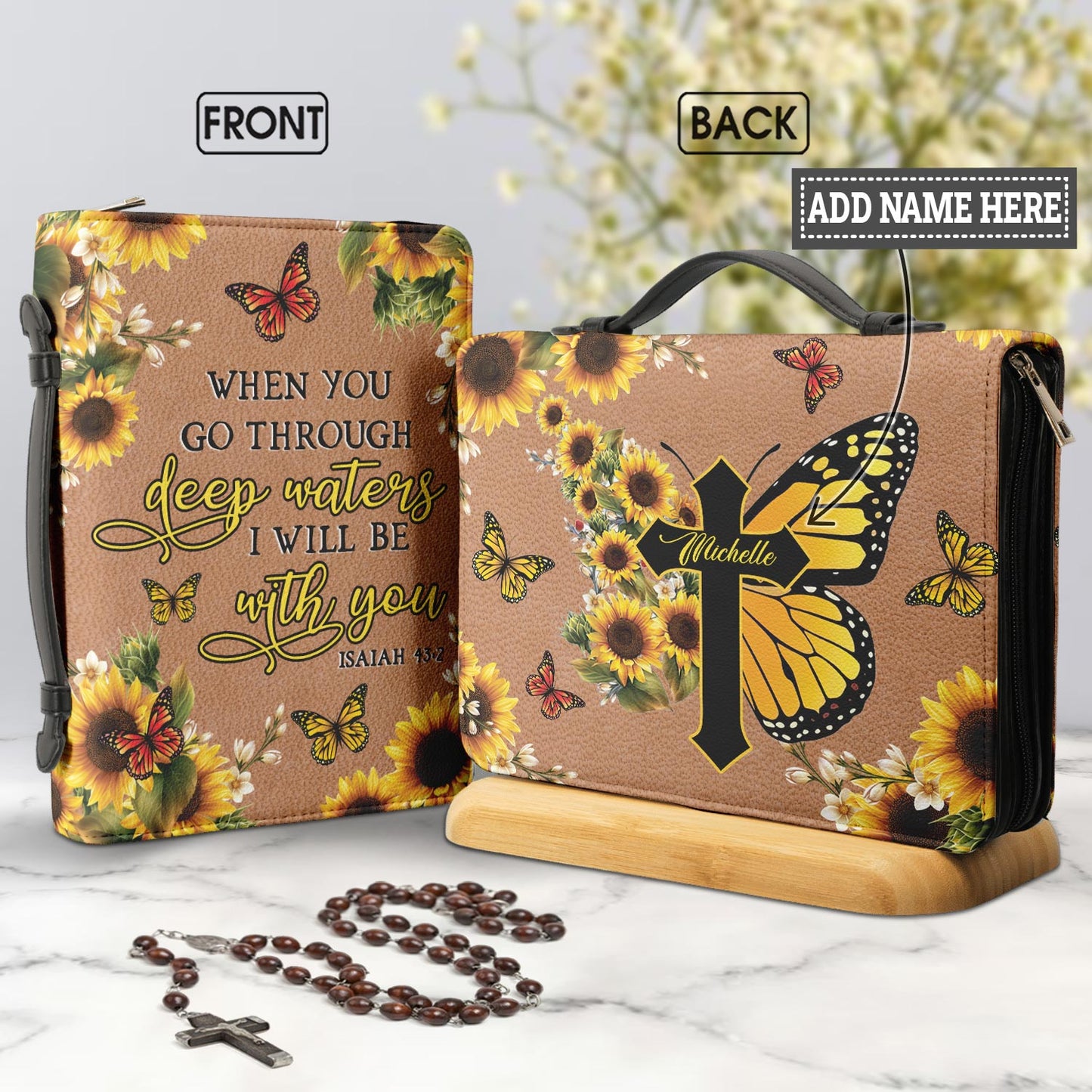 When You Go Through Deep Waters I Will Be With You Isaiah 43 2 Cross Sunflower Personalized Bible Cover - Pastor's Bible Covers