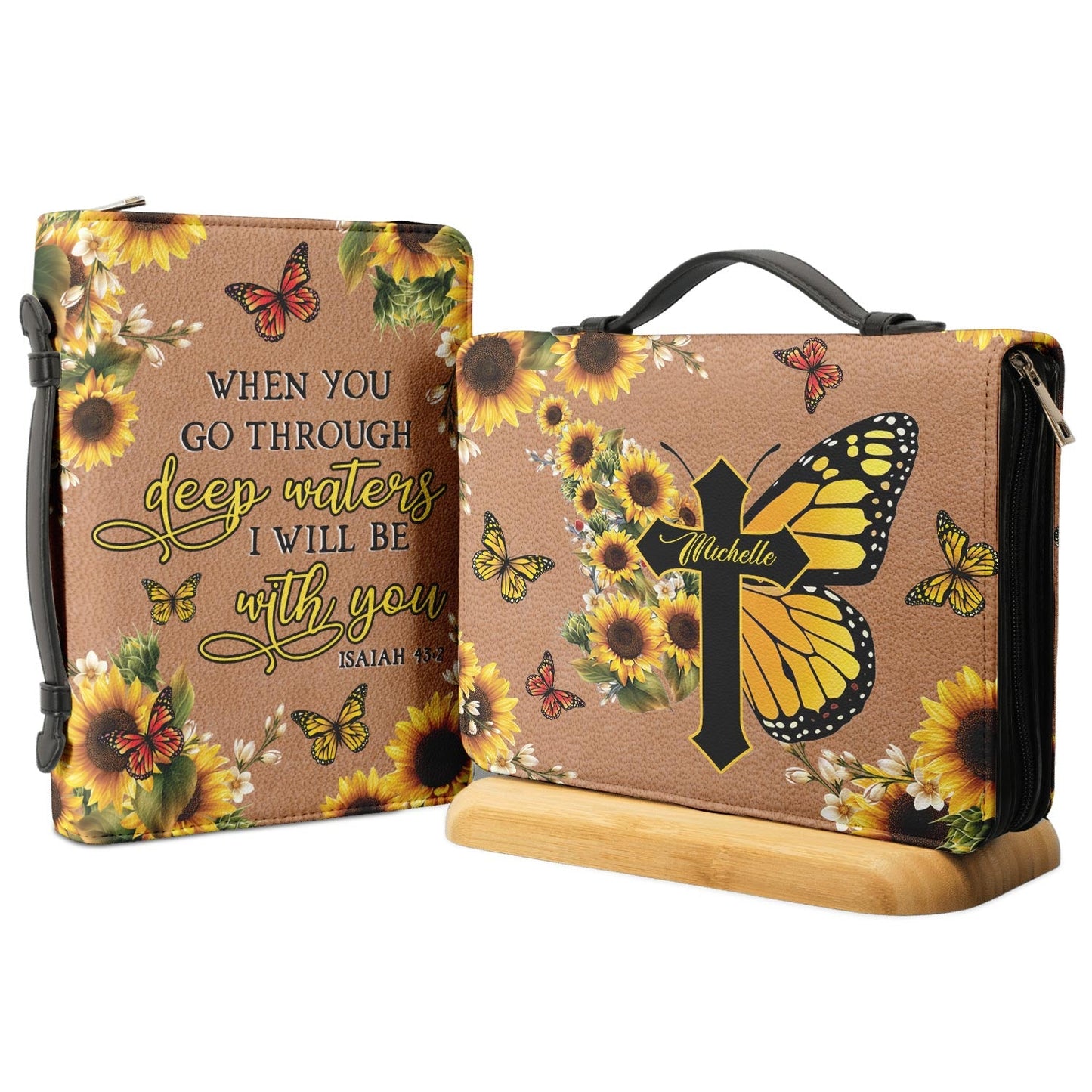 When You Go Through Deep Waters I Will Be With You Isaiah 43 2 Cross Sunflower Personalized Bible Cover - Pastor's Bible Covers