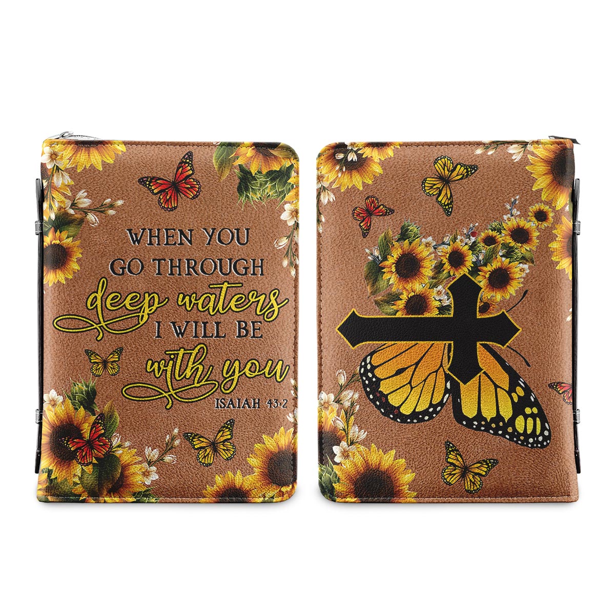 When You Go Through Deep Waters I Will Be With You Isaiah 43 2 Cross Sunflower Personalized Bible Cover - Pastor's Bible Covers