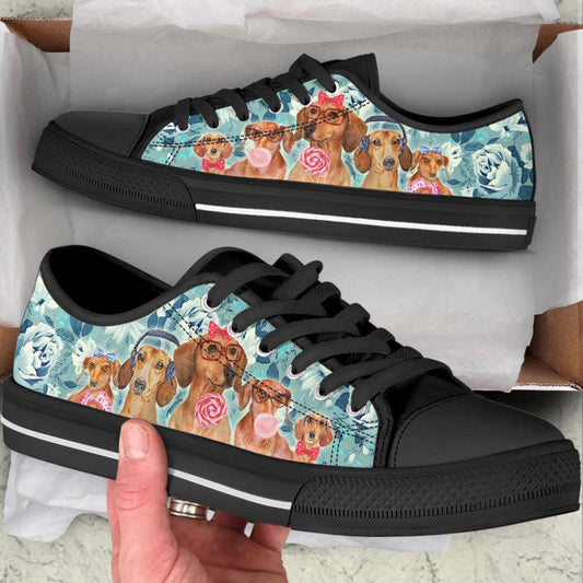 Wiener Dog Flowers Pattern Low Top Shoes Canvas Sneakers, Dog Printed Shoes, Canvas Shoes For Men, Women