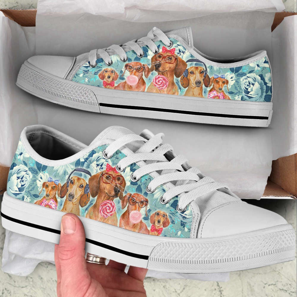 Wiener Dog Flowers Pattern Low Top Shoes Canvas Sneakers, Dog Printed Shoes, Canvas Shoes For Men, Women