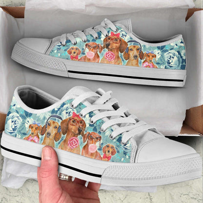 Wiener Dog Flowers Pattern Low Top Shoes Canvas Sneakers, Dog Printed Shoes, Canvas Shoes For Men, Women