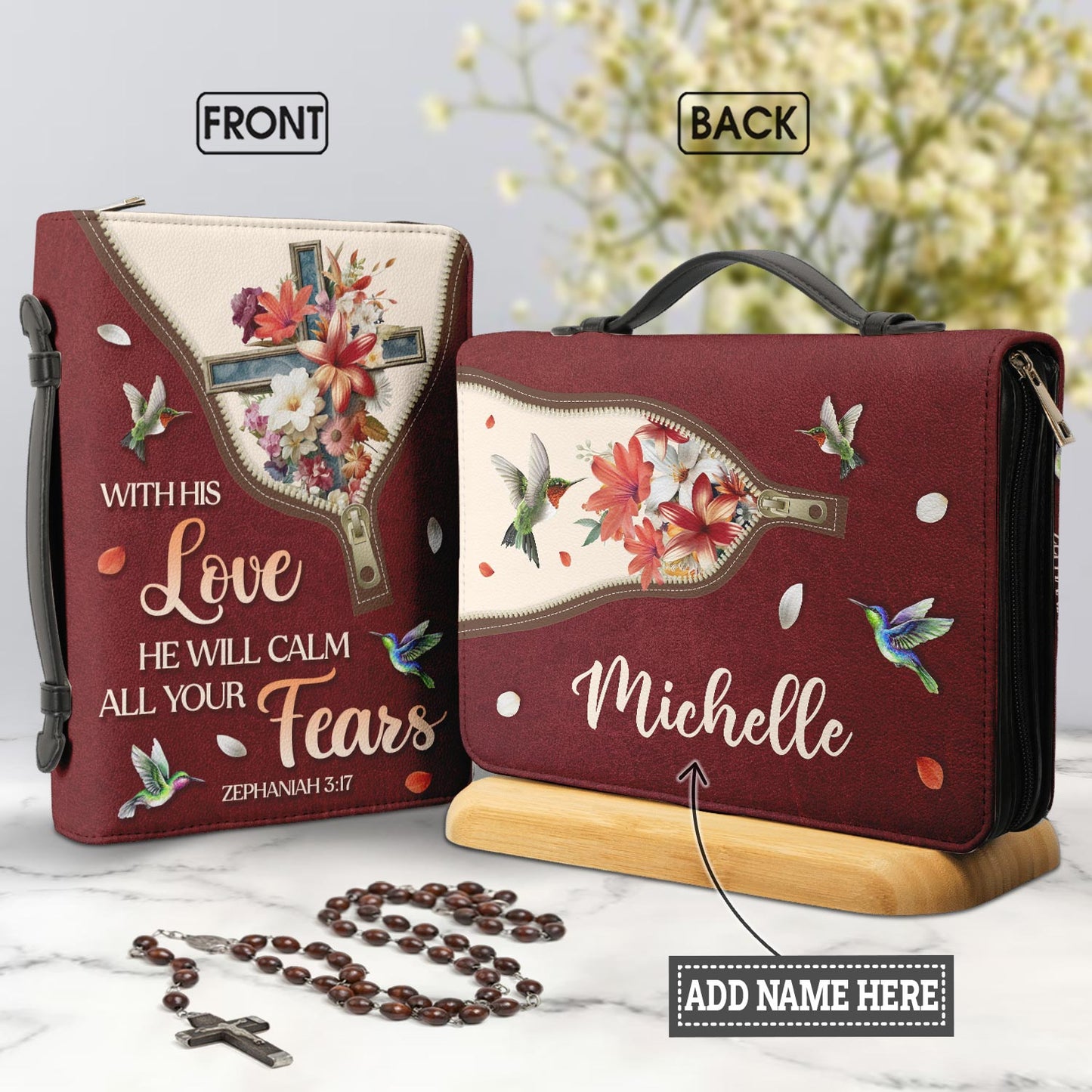 With His Love He Will Calm All Your Fears Zephaniah 317 Personalized Bible Cover - Pastor's Bible Covers