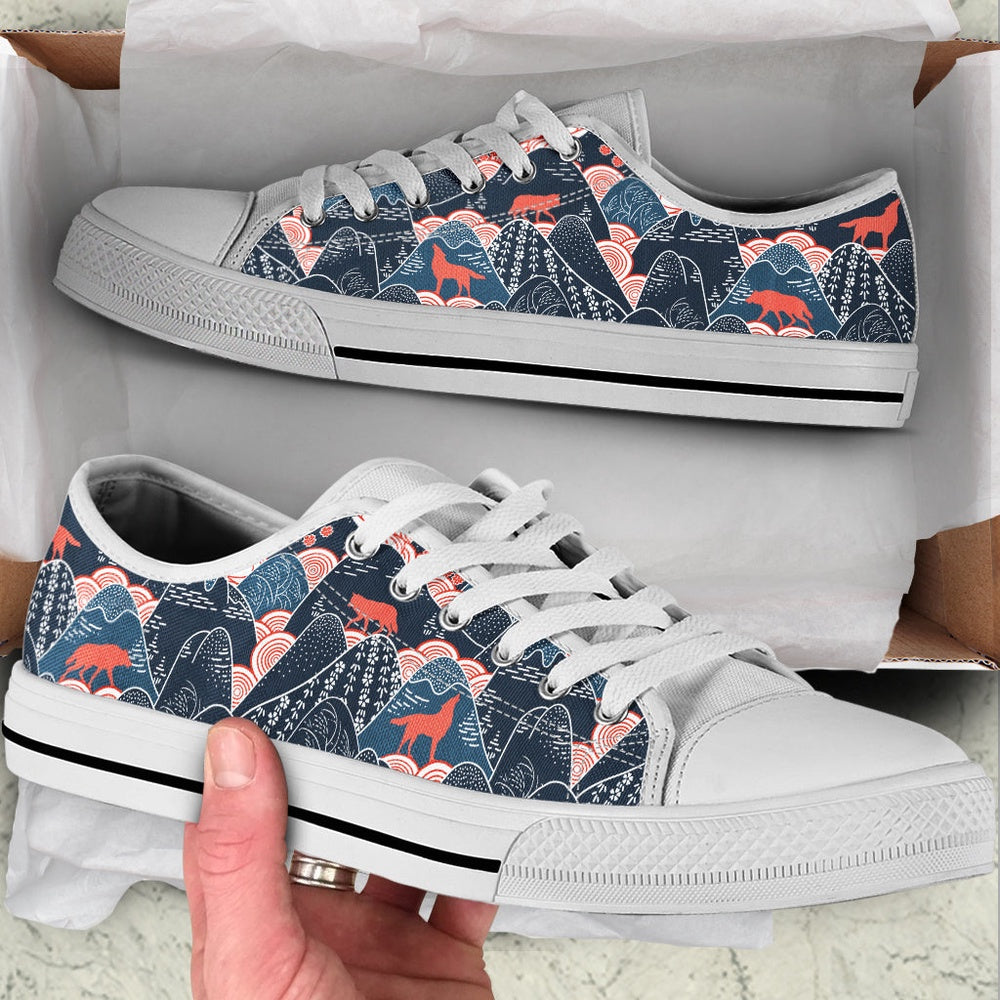 Wolf Oriental Mountains Fabric Pattern Low Top Shoes , Low Top Sneaker, Low Top Canvas Shoes