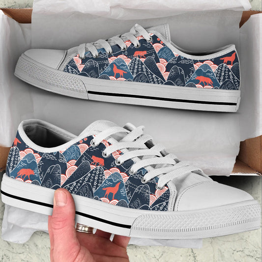 Wolf Oriental Mountains Fabric Pattern Low Top Shoes , Low Top Sneaker, Low Top Canvas Shoes