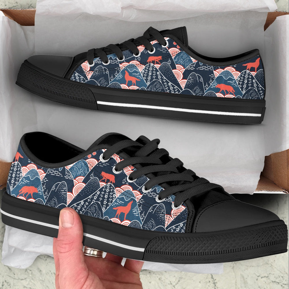 Wolf Oriental Mountains Fabric Pattern Low Top Shoes , Low Top Sneaker, Low Top Canvas Shoes