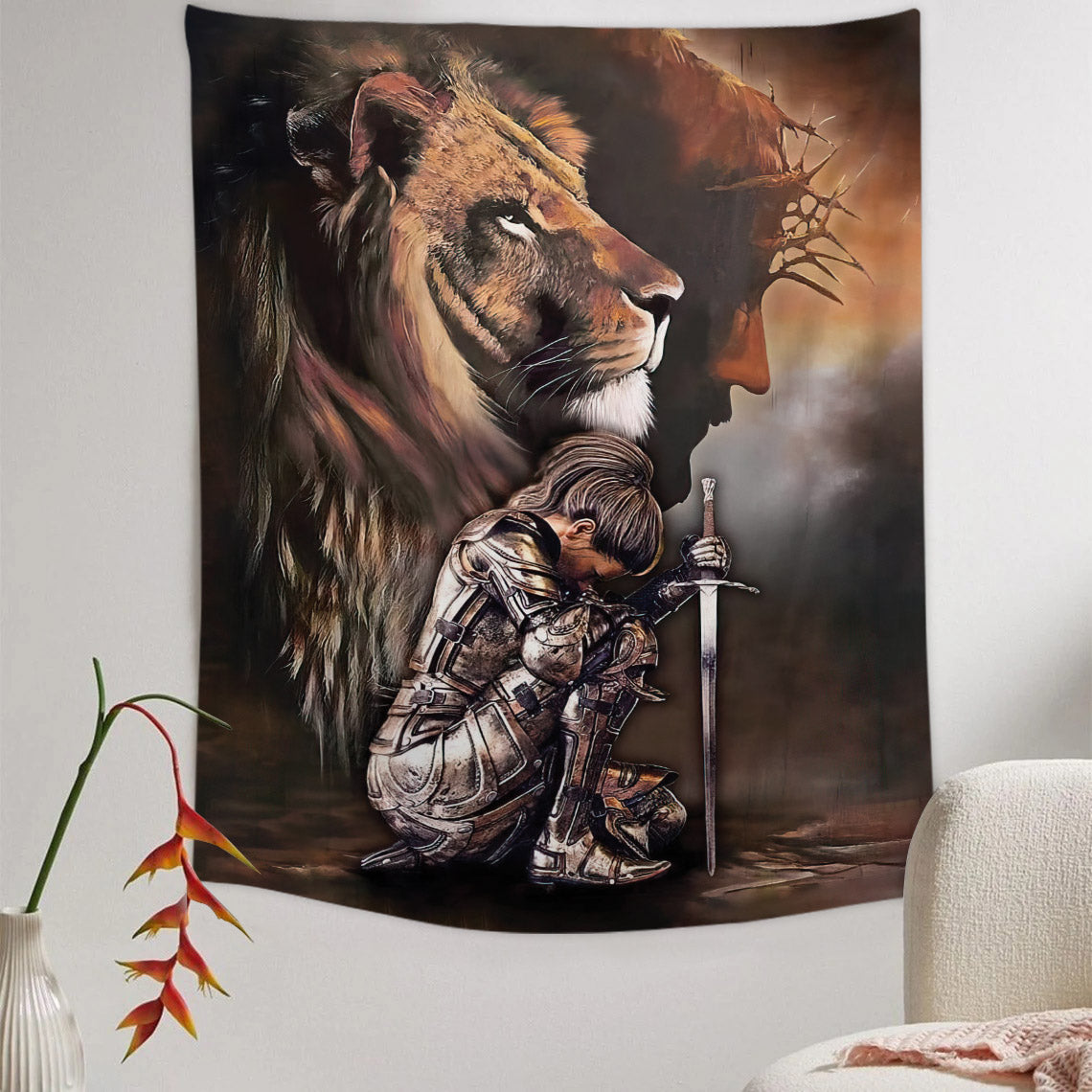 Woman Warrior Jesus And Lion Tapestry - Bible Verse Tapestry