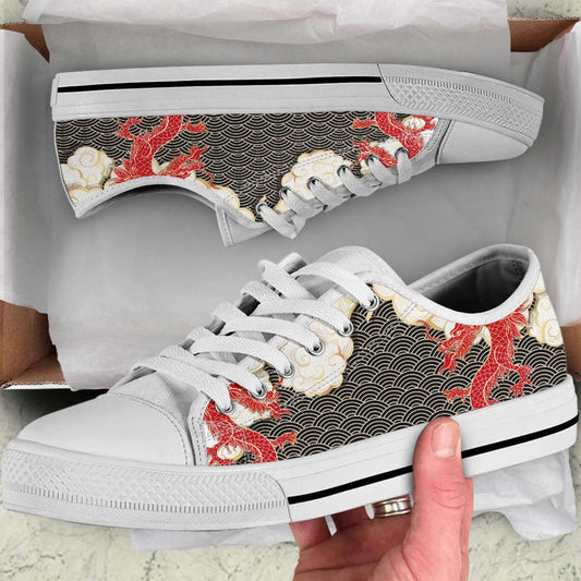 Women's Dragon Low Top Tie Sneakers, Mother's Day Gifts For Cute Athletic Shoes, Animal Print Canvas Shoes, Print On Canvas Shoes