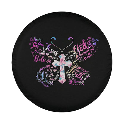 Womens Butterfly Prayer Jesus Christian Cross Floral Pattern Spare Tire Cover - Bible Verse Tire Cover