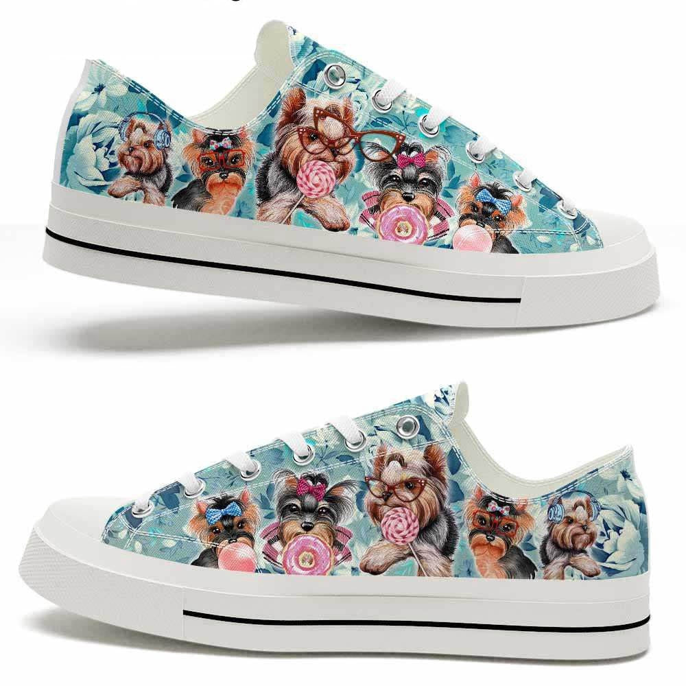 Yorkshire Terrier Blue Flowers Candy Low Top Shoes - Happy International Dog Day Canvas Sneaker, Dog Printed Shoes, Canvas Shoes For Men, Women
