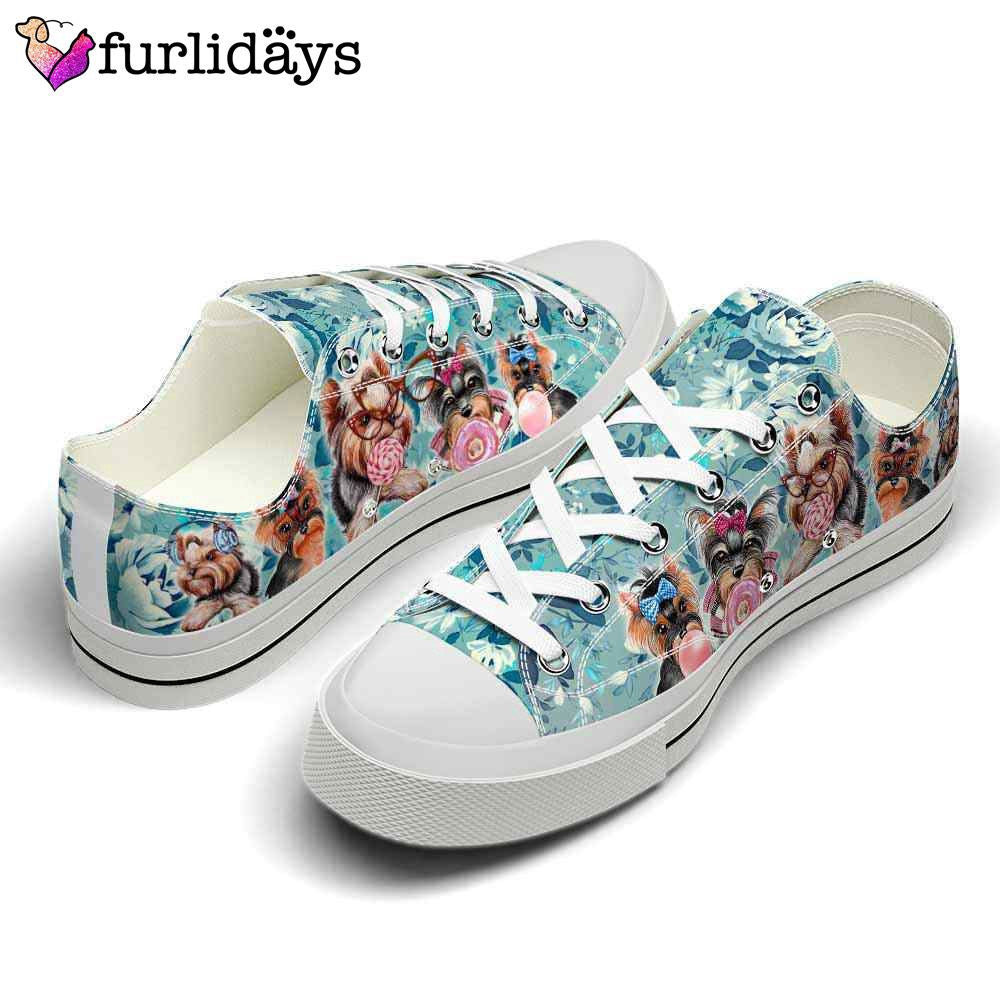 Yorkshire Terrier Blue Flowers Candy Low Top Shoes - Happy International Dog Day Canvas Sneaker, Dog Printed Shoes, Canvas Shoes For Men, Women