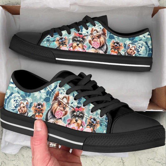Yorkshire Terrier Dog Flowers Pattern Low Top Shoes Canvas Sneakers, Dog Printed Shoes, Canvas Shoes For Men, Women