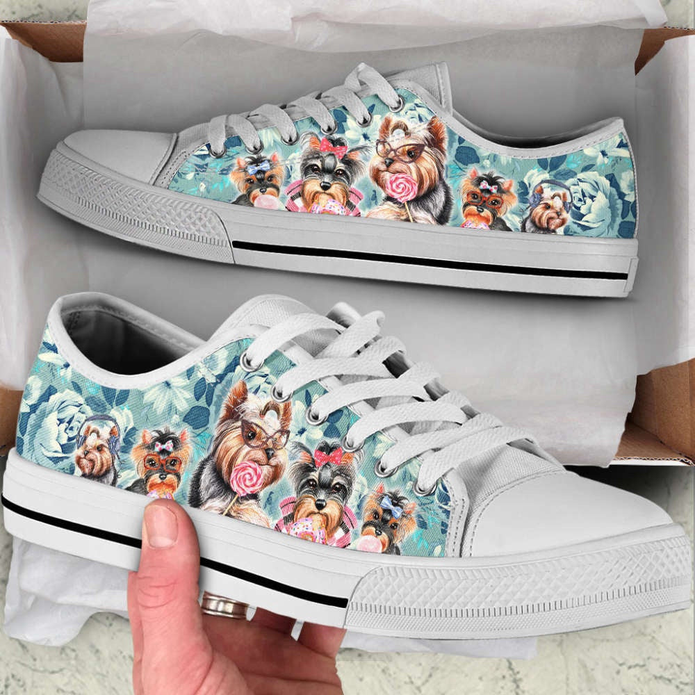 Yorkshire Terrier Dog Flowers Pattern Low Top Shoes Canvas Sneakers, Dog Printed Shoes, Canvas Shoes For Men, Women