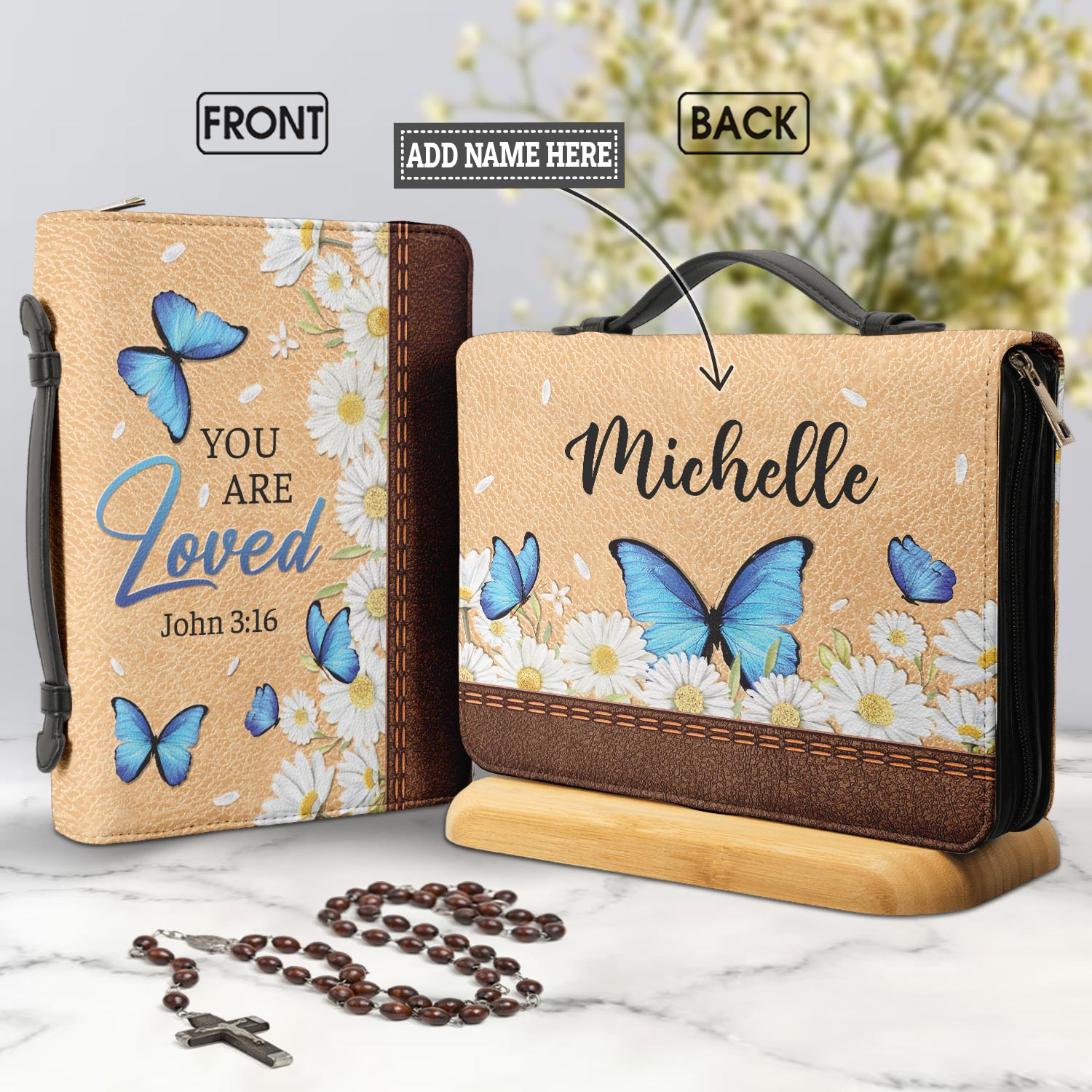 You Are Loved John 3 16 Butterfly Leather Style Personalized Bible Cover - Pastor's Bible Covers