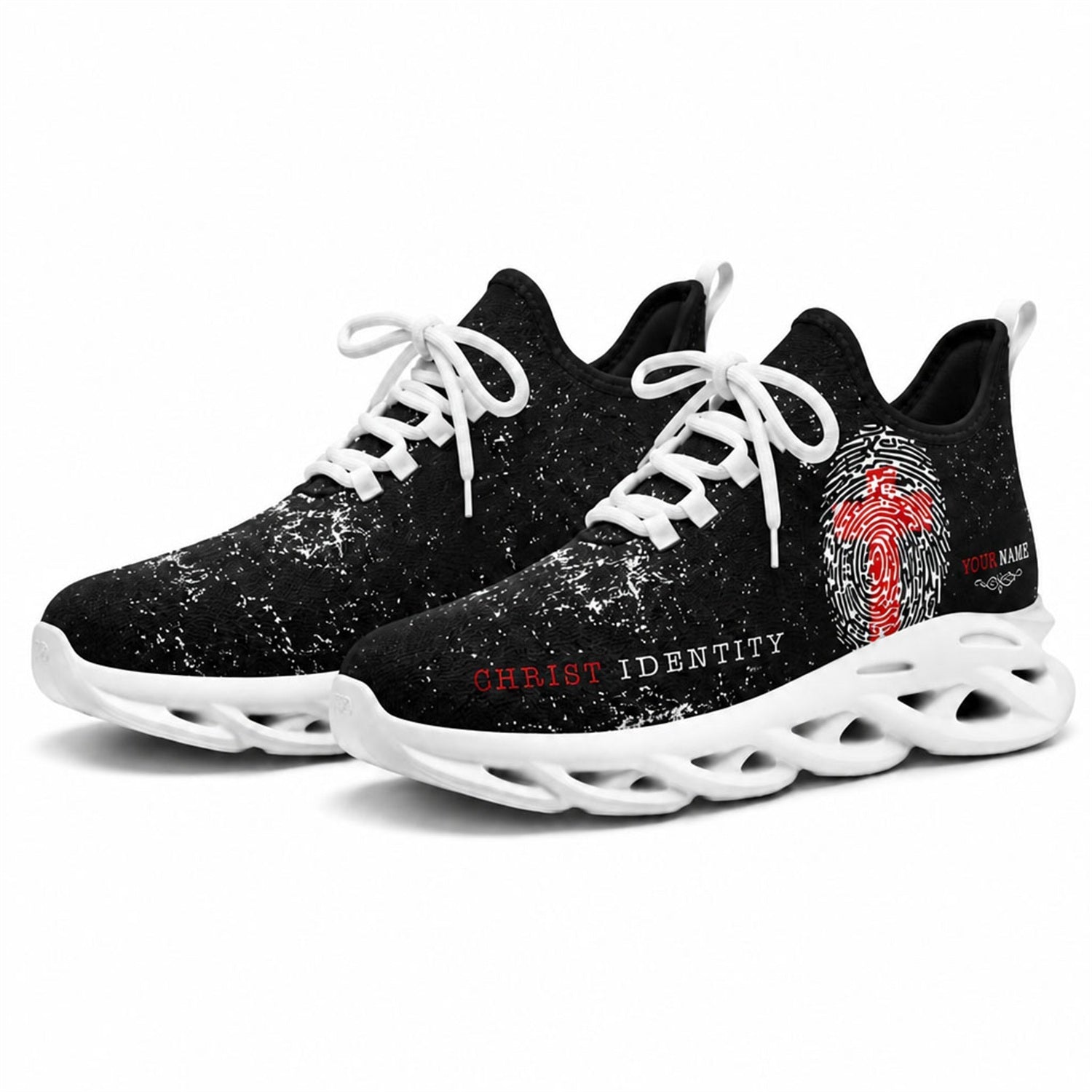 Studio 3/4 angle of gym sneakers featuring the Christ Identity print on white soles