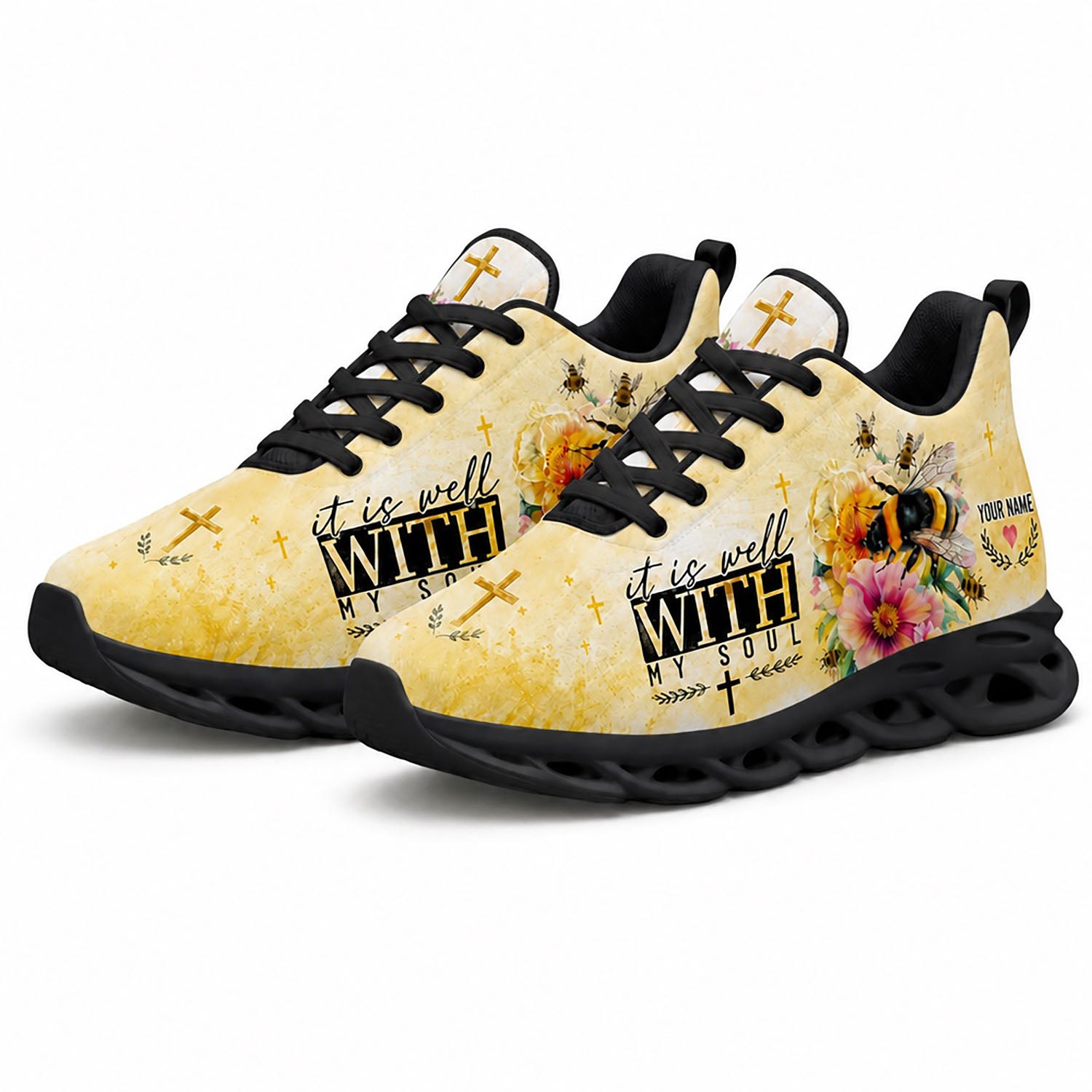 Pair of Christian bee sneakers featuring a vintage floral bumblebee print with dynamic black soles