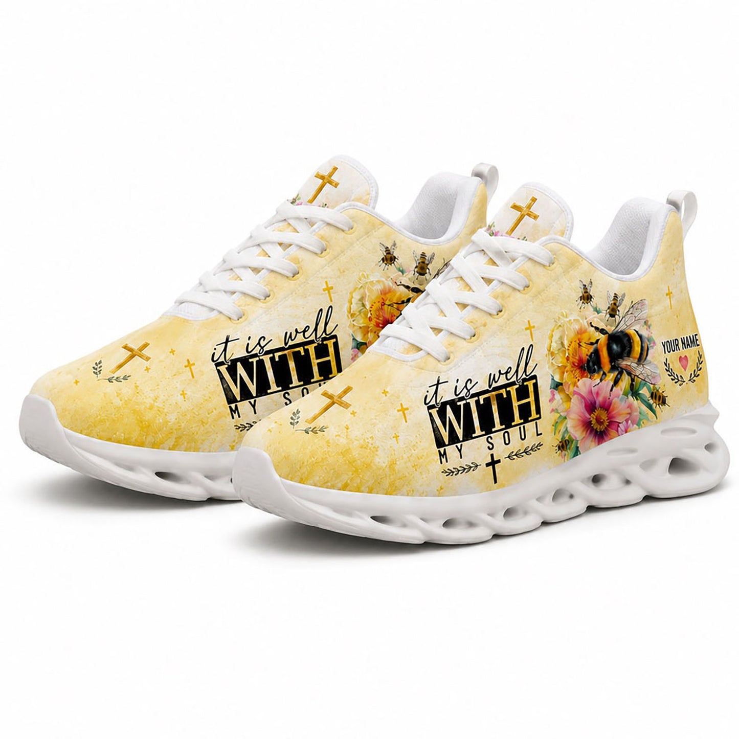 Angled pair of Christian bee sneakers with yellow watercolor texture and crosses on a white sole option