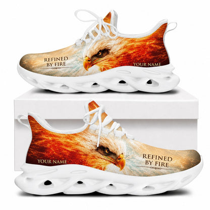 Side profile of the Christian Jesus Christ sneakers showing the intense eagle eyes graphic, bright fire patterns, and a clean white traction outsole