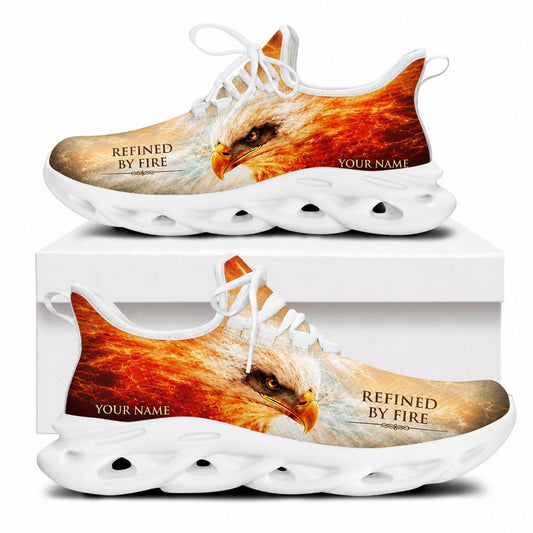 Side profile of the Christian Jesus Christ sneakers showing the intense eagle eyes graphic, bright fire patterns, and a clean white traction outsole