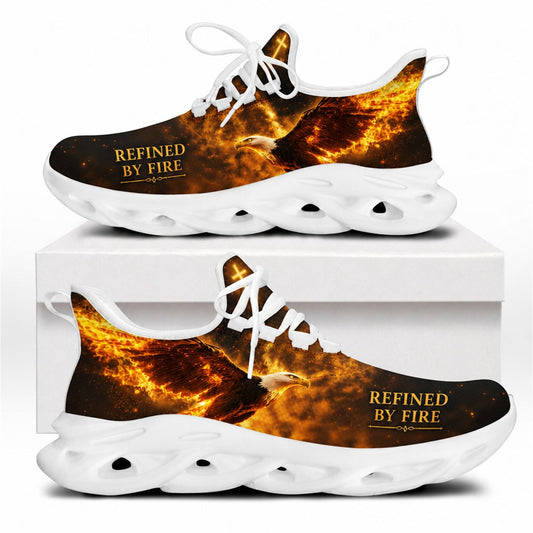 Side profile of the Christian Jesus Christ sneakers showing the majestic burning eagle graphic, intense fire sparks, and a crisp white traction outsole