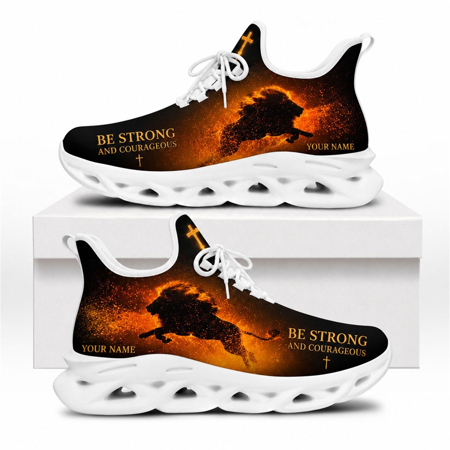 Side profile of the Christian Jesus Christ sneakers showing the explosive amber fire lion graphic and a crisp white traction outsole
