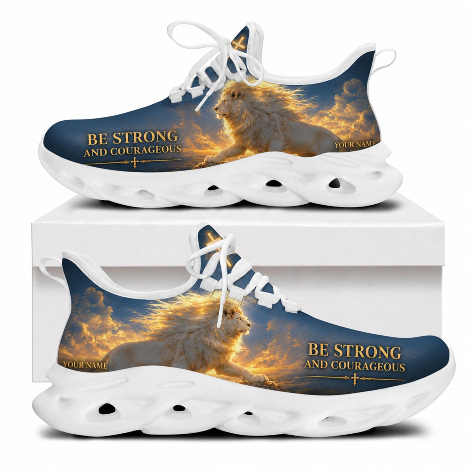 Side profile of the Christian Jesus Christ sneakers showing the radiant white lion artwork, golden clouds, and a crisp white traction outsole