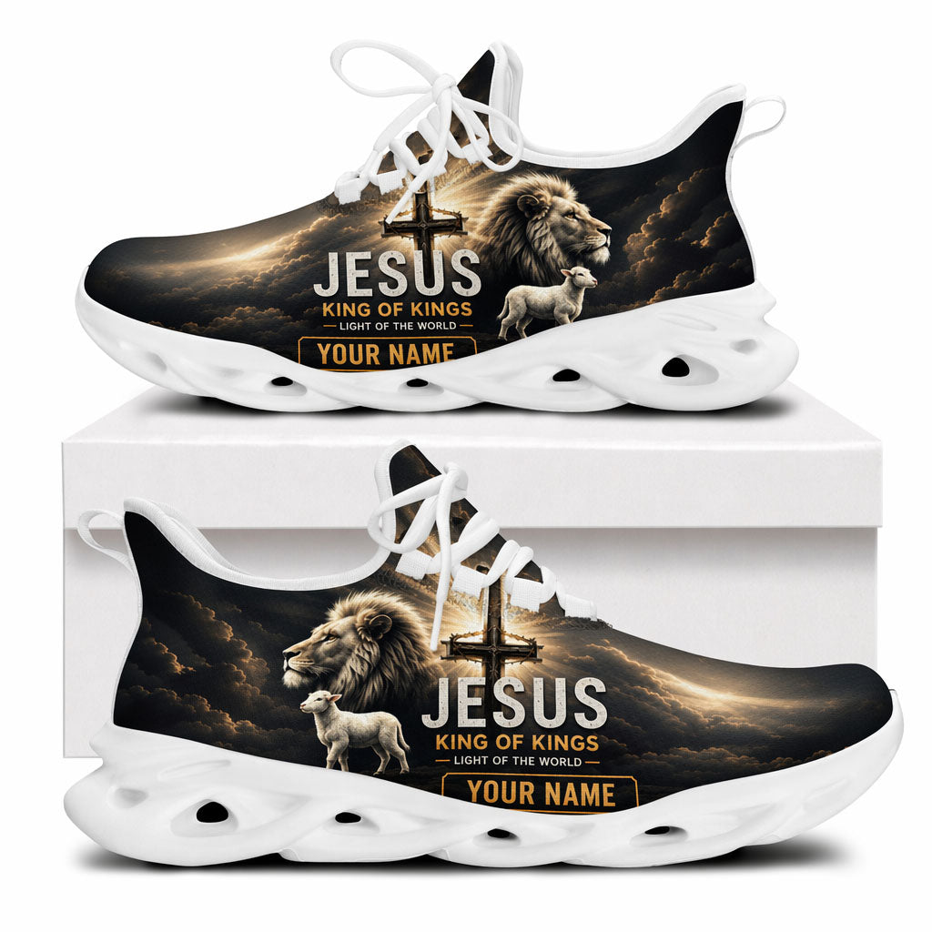 Side profile of the Christian Jesus Christ sneakers showcasing the detailed biblical lion and lamb graphics against a white traction outsole