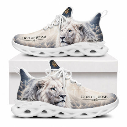 Side profile of the Christian Jesus Christ sneakers showing the majestic white lion with a gold crown, holy clouds, and a crisp white traction outsole