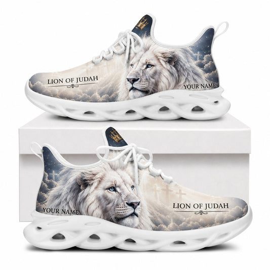 Side profile of the Christian Jesus Christ sneakers showing the majestic white lion with a gold crown, holy clouds, and a crisp white traction outsole