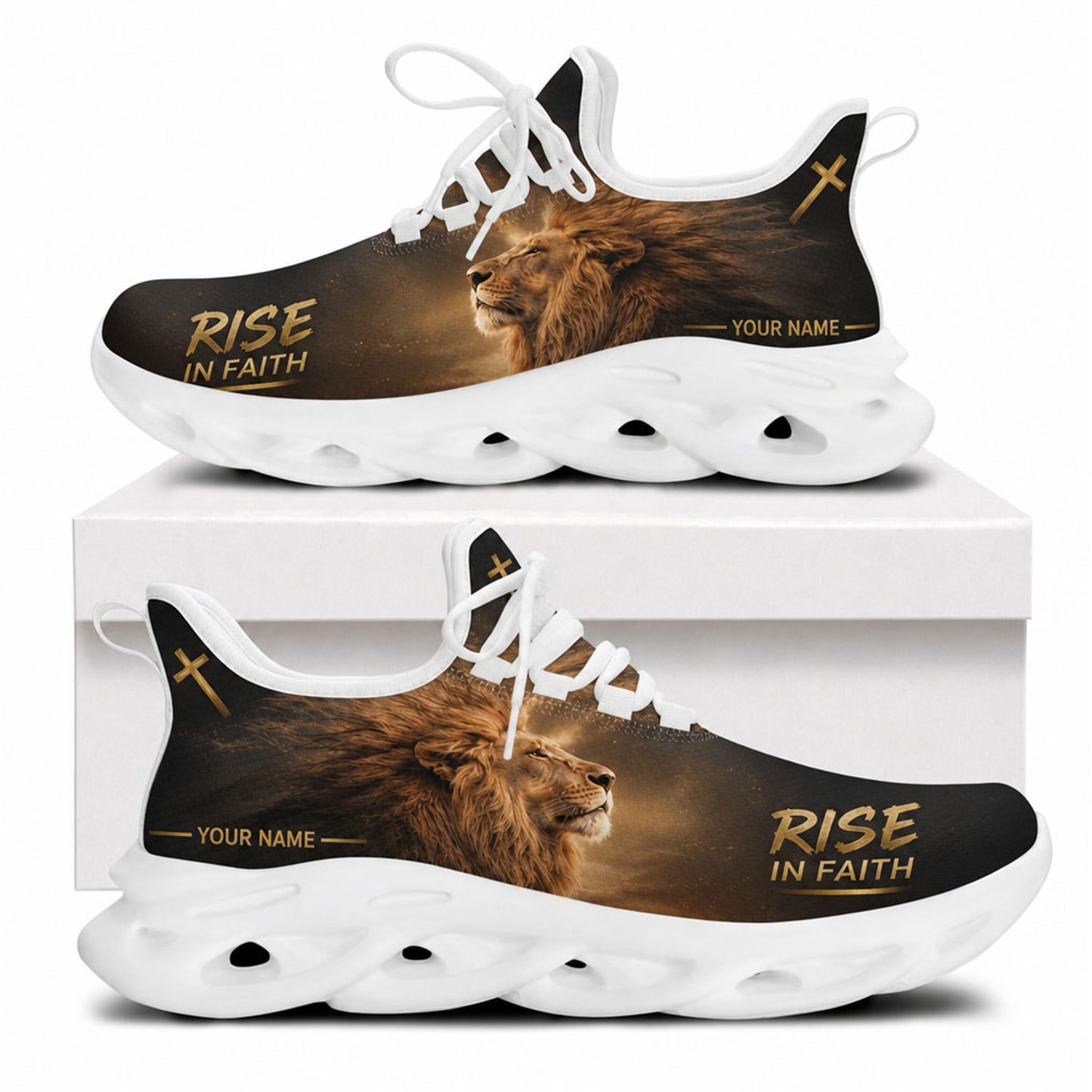 Side profile of the Christian Jesus Christ sneakers featuring the powerful religious lion artwork and a crisp white traction outsole