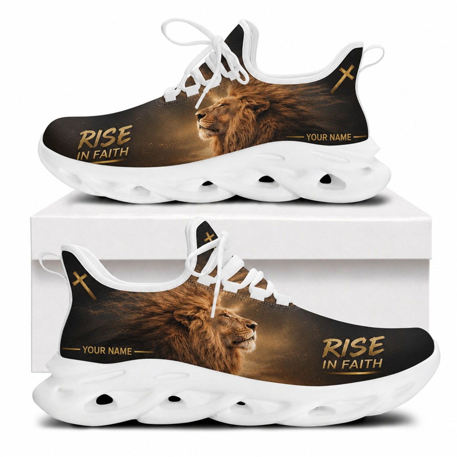 Side profile of the Christian Jesus Christ sneakers featuring the powerful religious lion artwork and a crisp white traction outsole