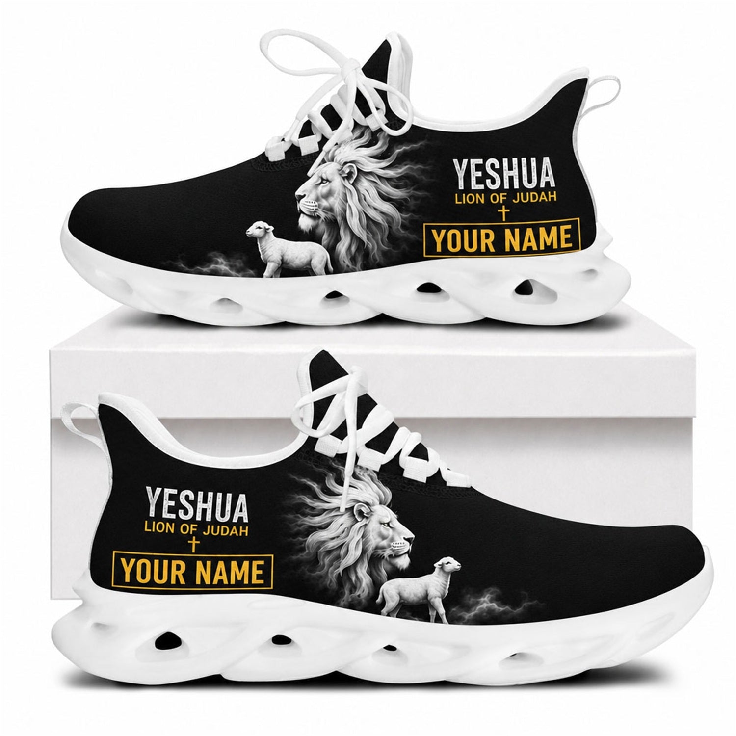 Side profile of the Christian Jesus Christ sneakers showcasing the biblical Lion of Judah graphics and a clean white traction outsole