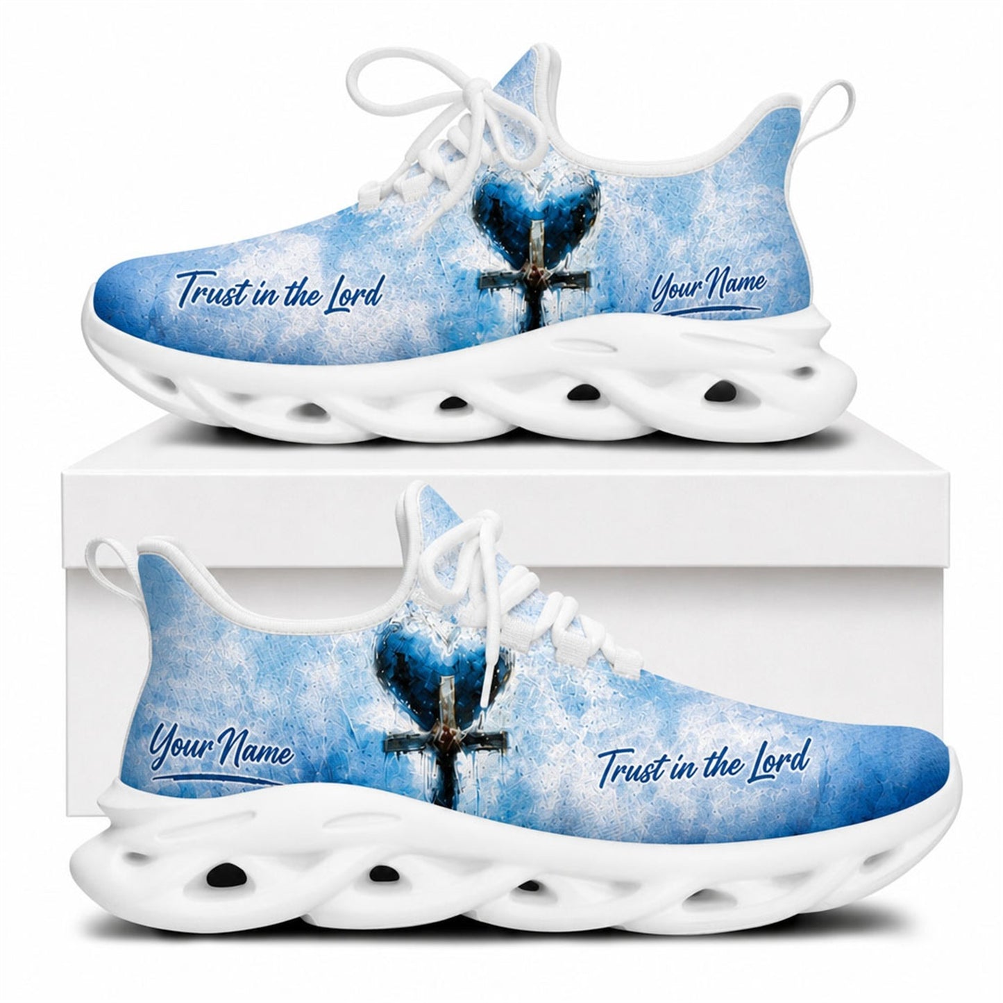 Side profile of Christian Jesus shoes showcasing the artistic blue heart cross and custom name zone on white soles
