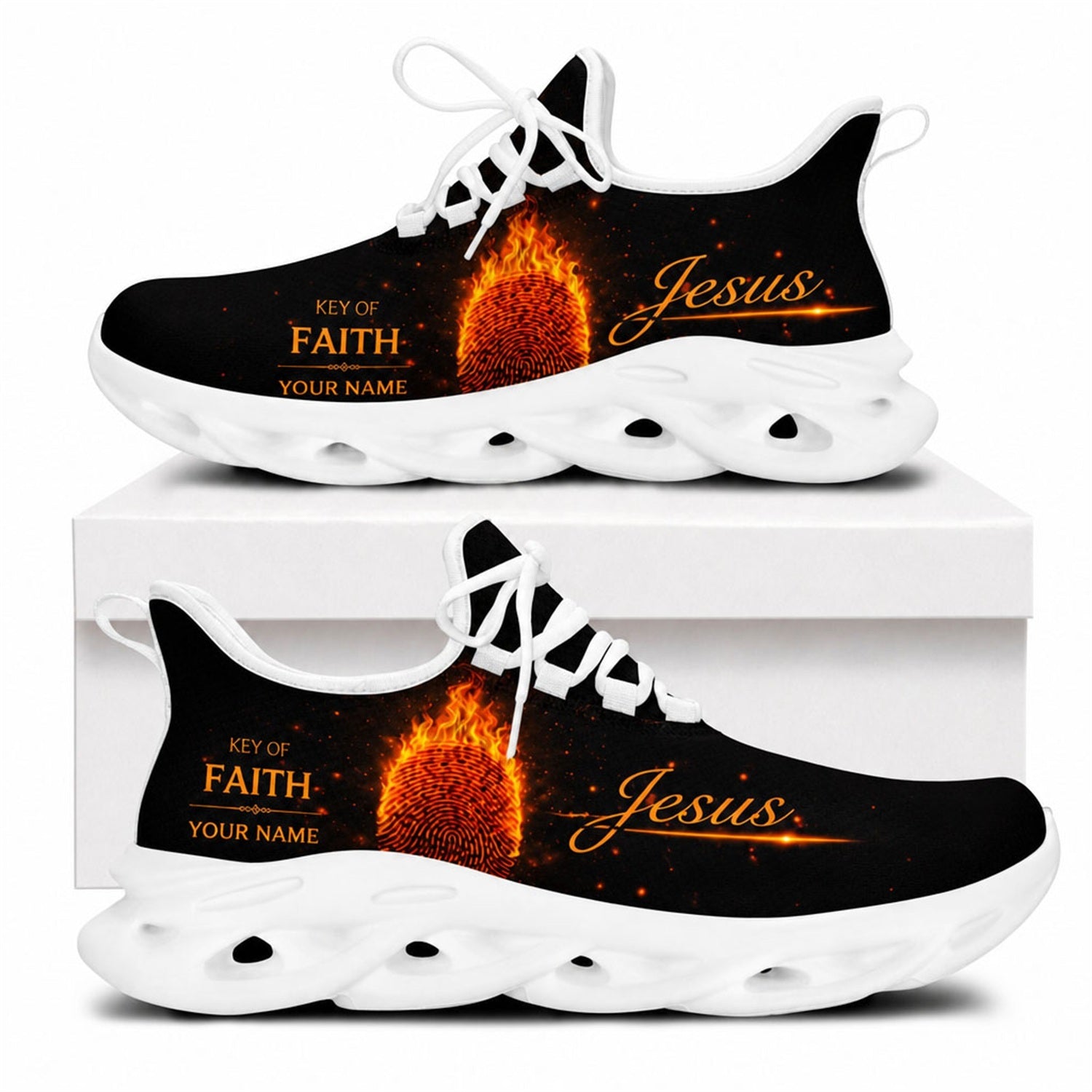 Side view of Christian Jesus shoes with a flaming fingerprint and custom name zone on white outsoles