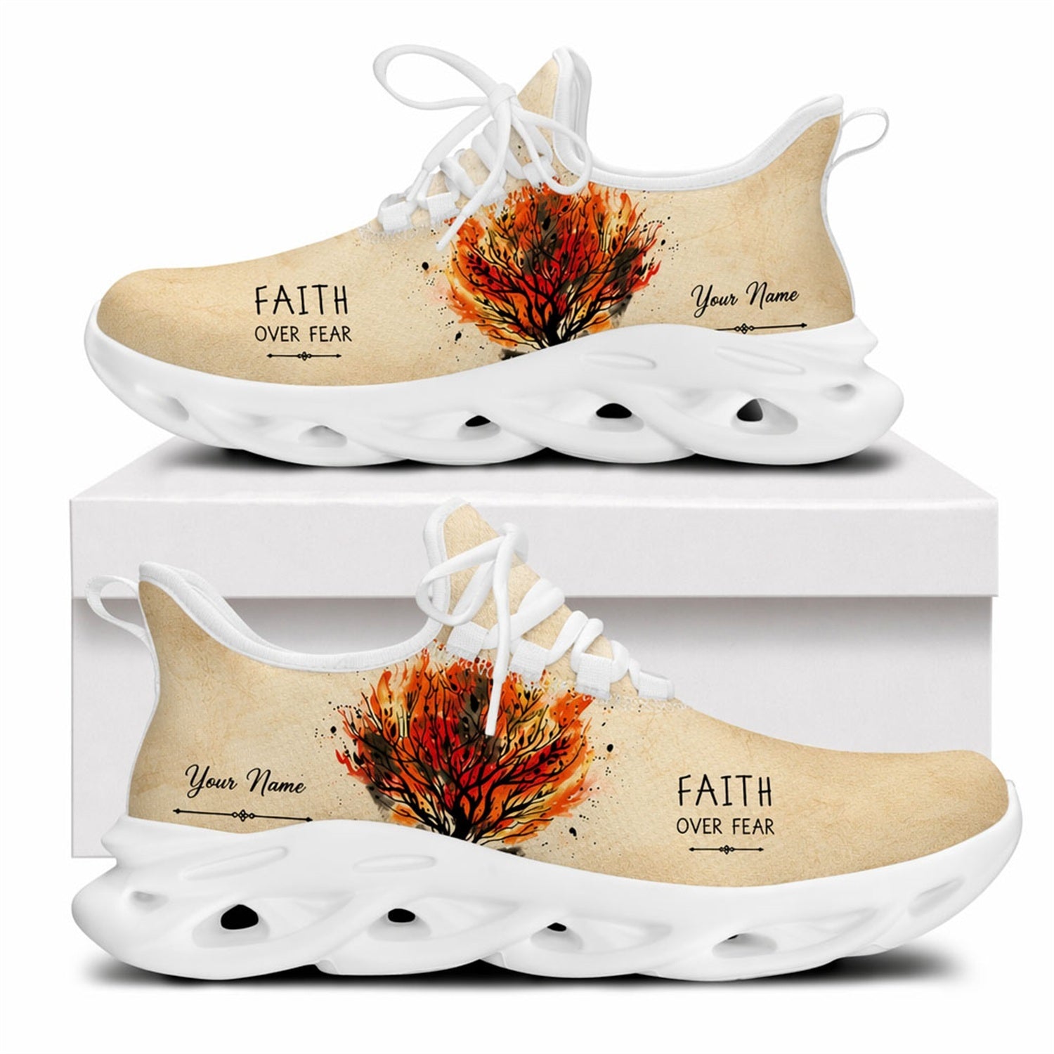 Side view of Christian Jesus shoes with a burning tree design and custom name zone on white outsoles