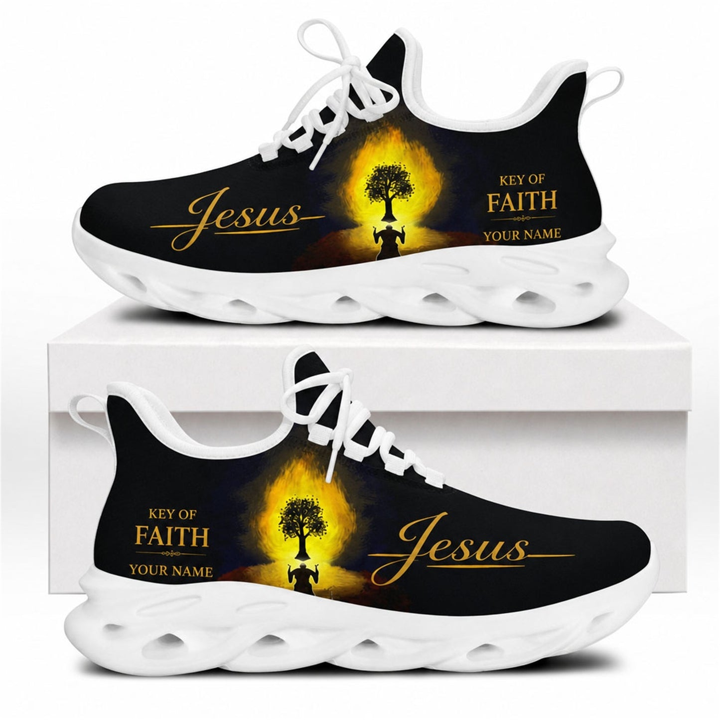 Side view of Christian Jesus shoes with a burning tree design and custom name zone on white outsoles